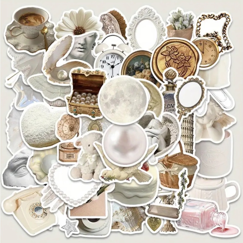 Vintage Aesthetic Sticker Set - White, Gold, Cream pack of 15
